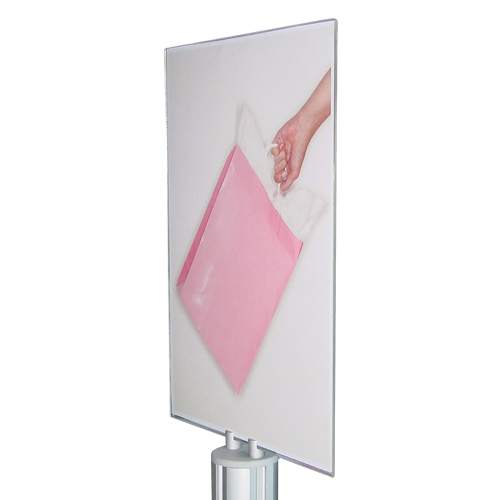 A4P poster holder atop standard carrier bag stand